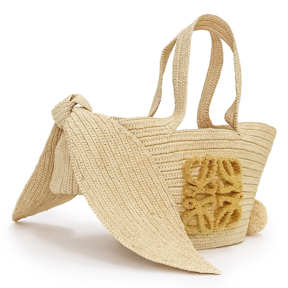LOEWE Bunny Basket Handbag raffia calfskin leather beige yellow